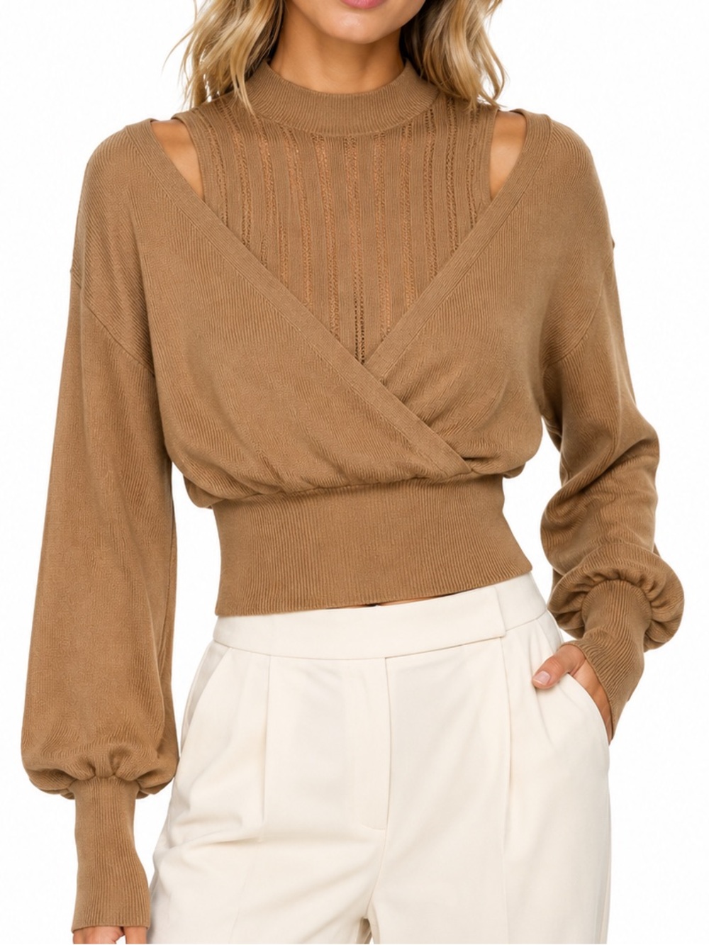 Lulu White Womens S/M Camel Mock Neck Layered Surplice Knit Crop Sweater NWT